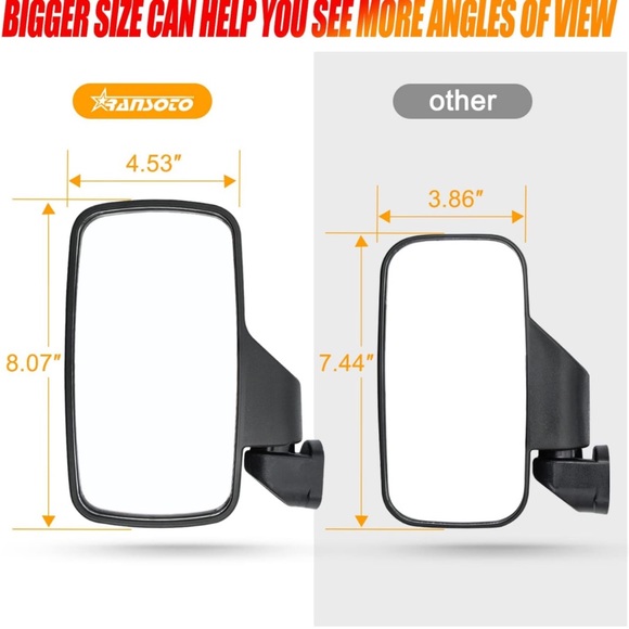 RANSOTO Ranger Side Mirrors, UTV  Compatible with Polaris Ranger Black - Picture 8 of 8